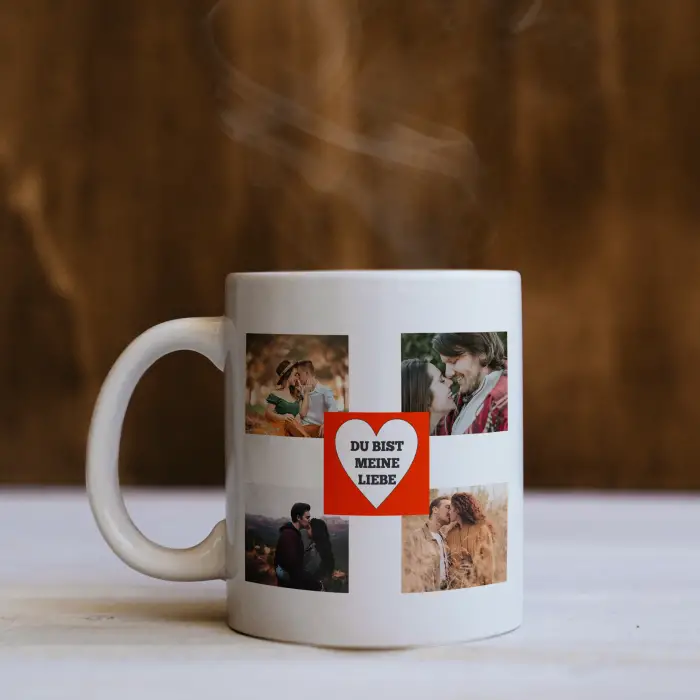 Personalisierte Tasse mit Herz und vier Fotos