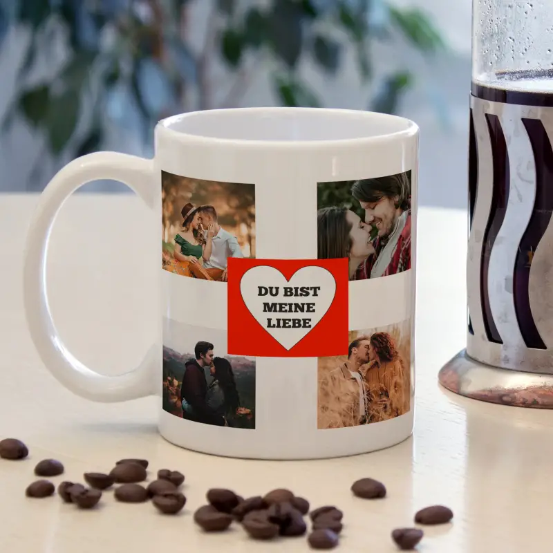 Personalisierte Tasse mit Herz und vier Fotos