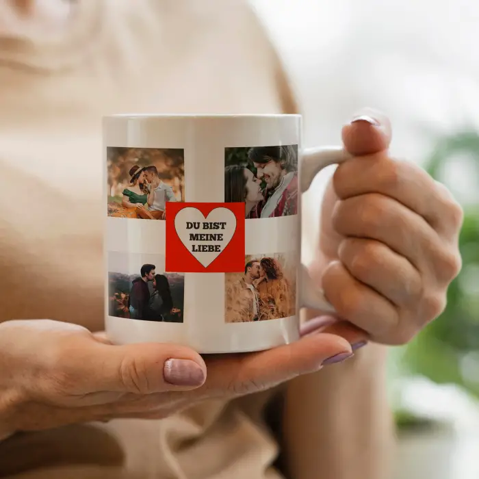 Personalisierte Tasse mit Herz und vier Fotos