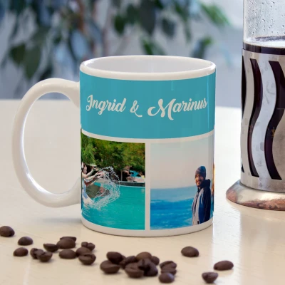 Personalisierte Tasse mit vier Fotos und Text oben