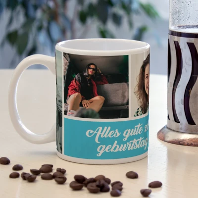 Personalisierte Tasse mit vier Fotos und Text