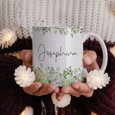 Personalisierte Tasse mit Blättermotiv und Namen